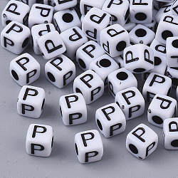 White Opaque Acrylic Beads, Horizontal Hole, Cube with Black Alphabet, Letter.P, 4~5x4~5x4~5mm, Hole: 1.8mm, about 255~260pcs/20g(X-MACR-R869-02P)