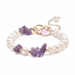 Natural Amethyst & Pearl Beaded Bracelet with Alloy Enamel Heart Charms, Gemstone Jewelry for Women, Golden, 7-5/8 inch(19.4cm)(BJEW-JB08039-03)