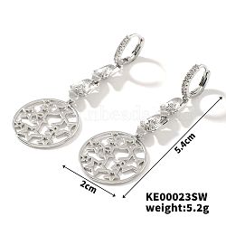 Elegant Hollow Out Copper Hoop Earrings with Zircon Stones, Flat Round, Platinum, 54x20mm(JT1189-1)