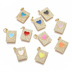 Brass Micro Pave Clear Cubic Zirconia Pendants, Long-Lasting Plated, with Jump Rings & Enamel, Rectangle with Heart, Real 18K Gold Plated, Mixed Color, 16.8x13.7x2.5mm, Hole: 3mm, jump ring: 5x1.8mm.(ZIRC-B002-30G)