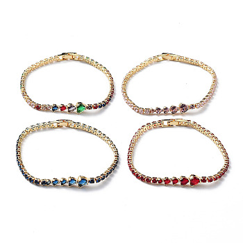 Brass Micro Pave Cubic Zirconia Chain Bracelets with Fold Over Clasps, Heart, Mixed Color, 7-1/4x1/8 inch(18.5x0.3cm)