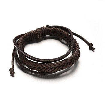 Adjustable Leather Cord Multi-Strand Bracelets, with PU Leather Cords, Coconut Brown, 53mm, 16x5mm