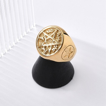 Round with Star 304 Stainless Steel Signet Rings for Unisex, Ion Plating(IP), Golden, 24mm, Inner Diameter: 18mm