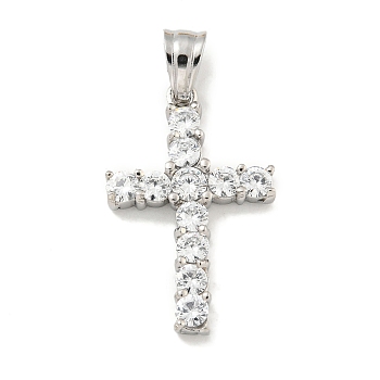 304 Stainless Steel Cubic Zirconia Pendants, Cross Charm, Stainless Steel Color, 27x17x4mm, Hole: 5.5x4.5mm