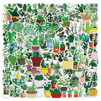 100Pcs PVC Waterproof Plant Sticker Labels, Leaf Cactus Self-adhesive Decals, for Suitcase, Skateboard, Refrigerator, Helmet, Mobile Phone Shell, Green, 50~80mm