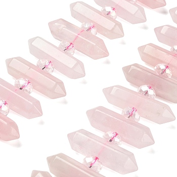 Natural Rose Quartz Double Terminated Point Beads Strands, with Glass Beads, Faceted Bullet, 31~33x7~9x7~9mm, Hole: 1mm, about 26~27pcs/strand, 15.16~15.75''(38.5~40cm)