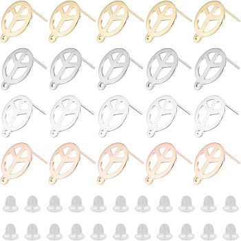 40Pcs 4 Colors 201 Stainless Steel Stud Earring Findings, with Horizontal Loops and 316 Stainless Steel Pin, Flat Round with Peace Sign, with 50Pcs Plastic Ear Nuts, Mixed Color, 15x12mm, Hole: 1.4mm, Pin: 0.7mm, 10Pcs/color