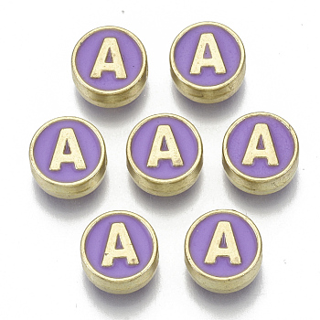 Alloy Enamel Beads, Cadmium Free & Nickel Free & Lead Free, Flat Round with Initial Letters, Light Gold, Letter.A, 8x4mm, Hole: 1.5mm