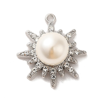 Alloy with Rhinestone Pendants, with ABS Imitation Pearl, Sun Charms, Platinum, 28x25x13mm, Hole: 1.6mm