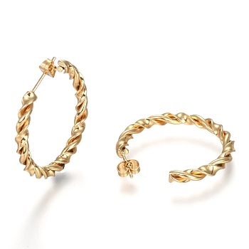304 Stainless Steel Half Hoop Earrings, Hypoallergenic Earrings, with Ear Nut, Twisted Ring Shape, Golden, 35x4mm, Pin: 0.8mm