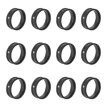 12Pcs Crystal Rhinestone Grooved Finger Ring, Textured 201 Stainless Steel Jewelry for Women, Electrophoresis Black, US Size 6 1/2(16.9mm)