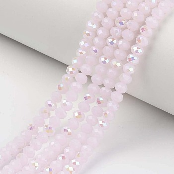 Electroplate Glass Beads Strands, Imitation Jade Beads, Half Plated, Rainbow Plated, Faceted, Rondelle, Pink, 10x8mm, Hole: 1mm, about 63~65pcs/strand, 19.2~20 inch(48~50cm)
