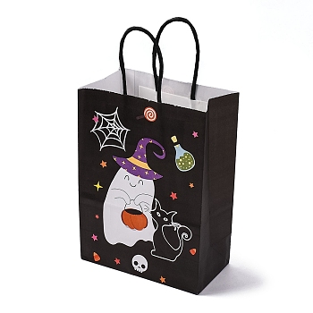 Halloween Theme Ghost & Black Cat Printed Paper Gift Tote Bags, Shopping Bags with Paper Twine Handles, Rectangle, Black, 20.7x14.9x0.15cm, Unfold: 8.1x14.8x20.7cm