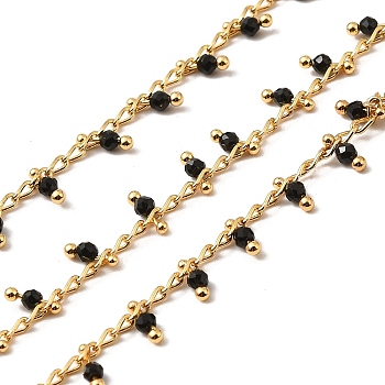 Handmade Brass Link Chain, with Glass Beads, Soldered, with Spool, Real 18K Gold Plated, Black, 3x2x0.2mm and 6x2mm, about 16.40 Feet(5m)/Roll