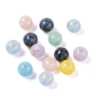 Opaque Acrylic Beads, Glitter Powder, Round with Heart Pattern, Mixed Color, 15.5x15mm, Hole: 3mm