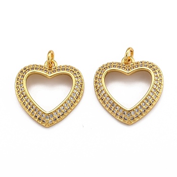 Brass Micro Pave Clear Cubic Zirconia Pendants, Long-Lasting Plated, Heart, Real 18K Gold Plated, 20.5x19.5x3.5mm, Hole: 2.5mm, jump ring: 5x1mm