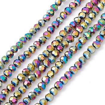 Electroplate Glass Bead Strands, Faceted(32 Facets), Round, Multi-color Plated, 4mm, Hole: 0.5mm, about 100pcs/strand, 14.2 inch