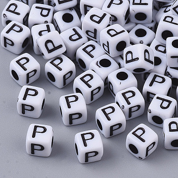 White Opaque Acrylic Beads, Horizontal Hole, Cube with Black Alphabet, Letter.P, 4~5x4~5x4~5mm, Hole: 1.8mm, about 255~260pcs/20g