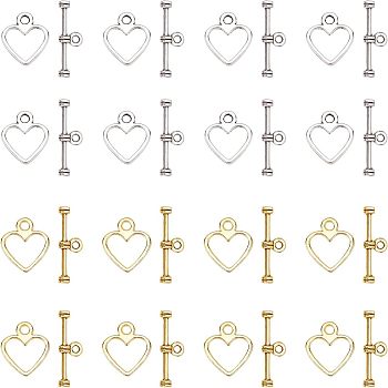Tibetan Style Alloy Toggle Clasps, Lead Free & Cadmium Free, Heart, Antique Silver & Golden, Heart: 14x12mm, Bar: 19mm, Hole: 1.5mm, 2 colors, 100s ets/color, 200 sets/box