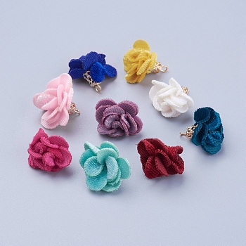 Cloth Flower Pendants, with Iron Findings, Golden, Mixed Color, 22x17mm, Hole: 1mm