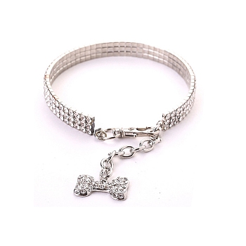 Adjustable 3-Row Alloy Rhinestone Cup Chain Pet Collars, Dog Bone Pendant Cat Dog Choker Necklace, Crystal, 250mm