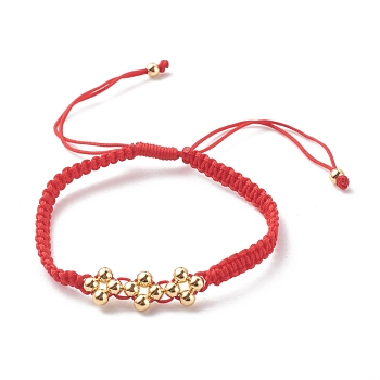 Adjustable Nylon Thread Cord Bracelets, with Brass Beads, Red, Inner Diameter: 2~3-5/8 inch(5.1~9.1cm)