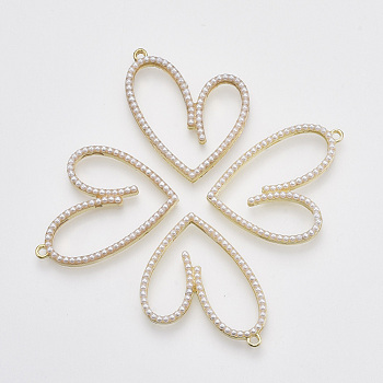 ABS Plastic Imitation Pearl Pendants, with Alloy Cabochon Settings, Heart, Golden, 37x30~31x3.5mm, Hole: 1.6mm
