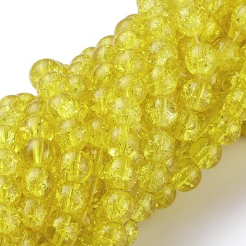 Spray Painted Crackle Glass Beads Strands, Round, Yellow, 8mm, Hole: 1.3~1.6mm, about 100pcs/strand, 31.4 inch