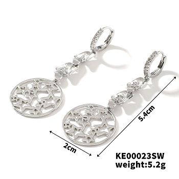 Elegant Hollow Out Copper Hoop Earrings with Zircon Stones, Flat Round, Platinum, 54x20mm