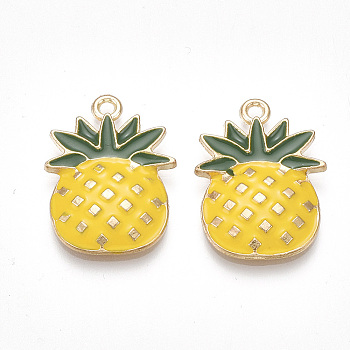 Alloy Pendants, Cadmium Free & Lead Free, with Enamel, Pineapple, Light Gold, Gold, 25x18x3mm, Hole: 2mm