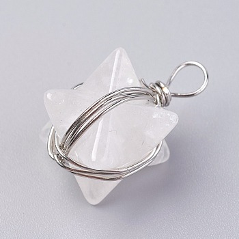 Natural Quartz Crystal Pendants, Rock Crystal Pendants, with Brass Findings, Merkaba Star, Platinum, 24~27x17x17mm, Hole: 3.5~4mm