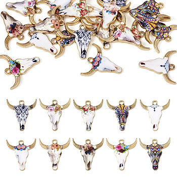 20Pcs 10 Styles Zinc Alloy Enamel Pendants, Light Gold, Cattle Head, Mixed Color, 22~22.5x20.5~21x2.5mm, Hole: 2mm