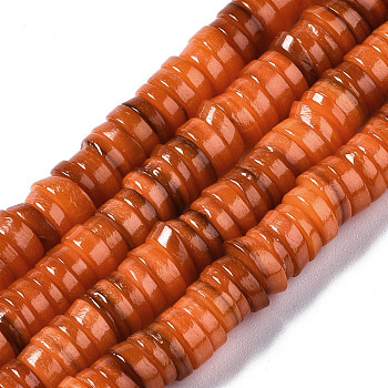 Natural Freshwater Shell Beads Strands, Dyed, Flat Round/Disc, Heishi Beads, Chocolate, 6x6x1~2.5mm, Hole: 1mm, about 201~208pcs/strand, 15.20~15.43 inch(38.6~39.2cm)
