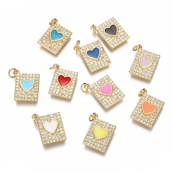 Brass Micro Pave Clear Cubic Zirconia Pendants, Long-Lasting Plated, with Jump Rings & Enamel, Rectangle with Heart, Real 18K Gold Plated, Mixed Color, 16.8x13.7x2.5mm, Hole: 3mm, jump ring: 5x1.8mm.
