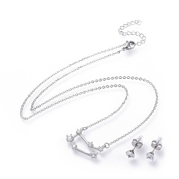 304 Stainless Steel Jewelry Sets, Brass Micro Pave Cubic Zirconia Pendant Necklaces and 304 Stainless Steel Stud Earrings, with Ear Nuts/Earring Back, Twelve Constellations, Clear, Gemini, 465x1.5mm