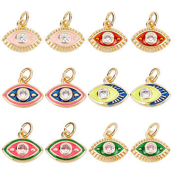 Nbeads 12Pcs 6 Style Brass Micro Pave Clear Cubic Zirconia Charms, with Enamel and Jump Rings, Eye, Real 18K Gold Plated, Mixed Color, 10x12x3mm, Jump Ring: 5x1mm, 3mm Inner Diameter, 2pcs/style