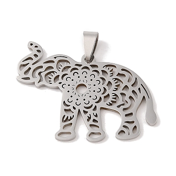 201 Stainless Steel Pendants, Stainless Steel Color, Hollow, Animal Charm, Elephant, 34.5x43x1.5mm, Hole: 4x7mm