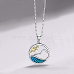 Valentine's Day Brass Enamel Sea and Mountain Pendant Necklaces for Women, Golden and Platinum, Steel Blue, 15.75 inch(40cm)(FS-WG0CA19-01)
