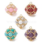 Natural & Synthetic Mixed Gemstone and Glass Seed Beaded Cluster Pendants, Round Ball Charms, Mixed Dyed and Undyed, Golden, 19x19mm, Hole: 2.2mm(PALLOY-MZ01334)