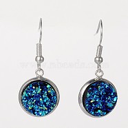 Silver Color Plated Flat Round Brass Druzy Resin Dangle Earrings, Blue, 34mm, Pin: 0.7mm(EJEW-JE01664-01)