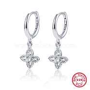 Rhodium Plated 925 Sterling Silver Micro Pave Cubic Zirconia Dangle Hoop Earrings, Clover, Platinum, 21x8mm(BG2685-2)