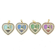 Rack Plating Brass Micro Pave Clear Cubic Zirconia Pendants, with Enamel, Long-Lasting Plated, Lead Free & Cadmium Free, Heart with Castle Charms, Mixed Color, 28x27.5x4mm, Hole: 3.5x5mm(KK-H474-24A)