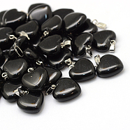 Heart Natural Black Stone Pendants, with Platinum Plated Brass Findings, 17~19x15~16x5~8mm, Hole: 2x7mm(X-G-Q371-05)