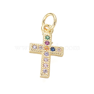 Brass Micro Pave Cubic Zirconia Tiny Cross Charms, with Jump Rings, Colorful, Golden, 14x8.5x1.5mm, Hole: 3mm(ZIRC-I032-64G)
