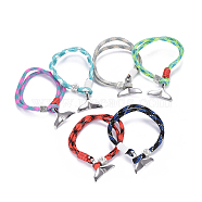 Mult-strand Bracelets, with Polyester & Spandex Cord Ropes , Alloy European Cube Beads, 304 Stainless Steel Pendants, Whale Tail Shape, Mixed Color, 7-5/8 inch(19.5cm)(BJEW-JB04218)