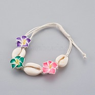 Cowrie Shell Anklets/Bracelets, with Random Color Polymer Clay 3D Flower Plumeria Beads and Waxed Cotton Cord, Colorful, 4-1/2 inch(11.5cm)~10-1/4 inch(26cm)(X-AJEW-AN00243)