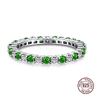 Rhodium Plated 925 Sterling Silver Finger Rings, Stackable Ring, with Cubic Zirconia for Women, Bohemian Style Eternity Ring, Wedding Band, Real Platinum Plated, Green, 1.9mm, US Size 7(17.3mm)(RJEW-A019-29B-03P)