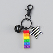 Pride Flag/Rainbow Flag Plastic Building Block Keychains, Bell Keychain, Striped Star Keychain with Lobster Claw Clasp, Black, 48x16mm(RABO-PW0001-074A)
