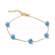 6mm Round Synthetic Turquoise Link Bracelets, 304 Stainless Steel Cable Chain Bracelets for Women Men, Real 24K Gold Plated, 7-5/8 inch(19.5cm), Bead: 6mm(BJEW-B082-01G)