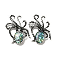 Natural Paua Shell/Abalone Shell Octopus Brooch, Alloy Pave Jet Rhinestone Sea Animal Pins, Antique Silver, Colorful, 52.5x36.5x4~6mm, Hole: 7x4mm(FIND-Z032-03B)
